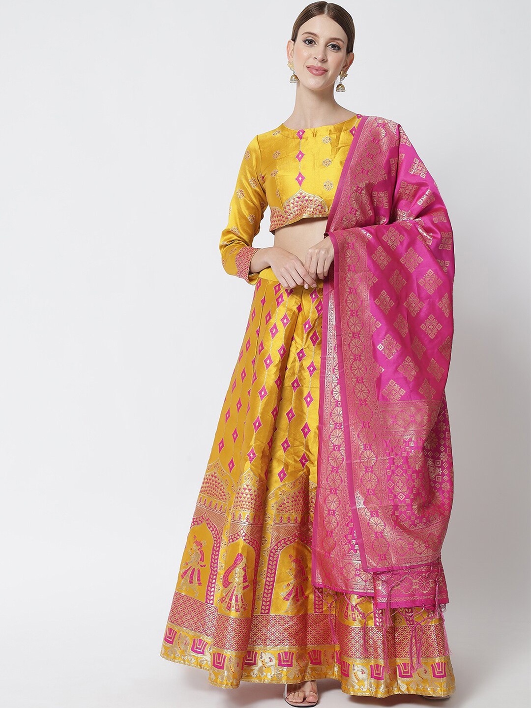 

DIVASTRI Yellow & Maroon Ready to Wear Lehenga & Unstitched Blouse With Dupatta