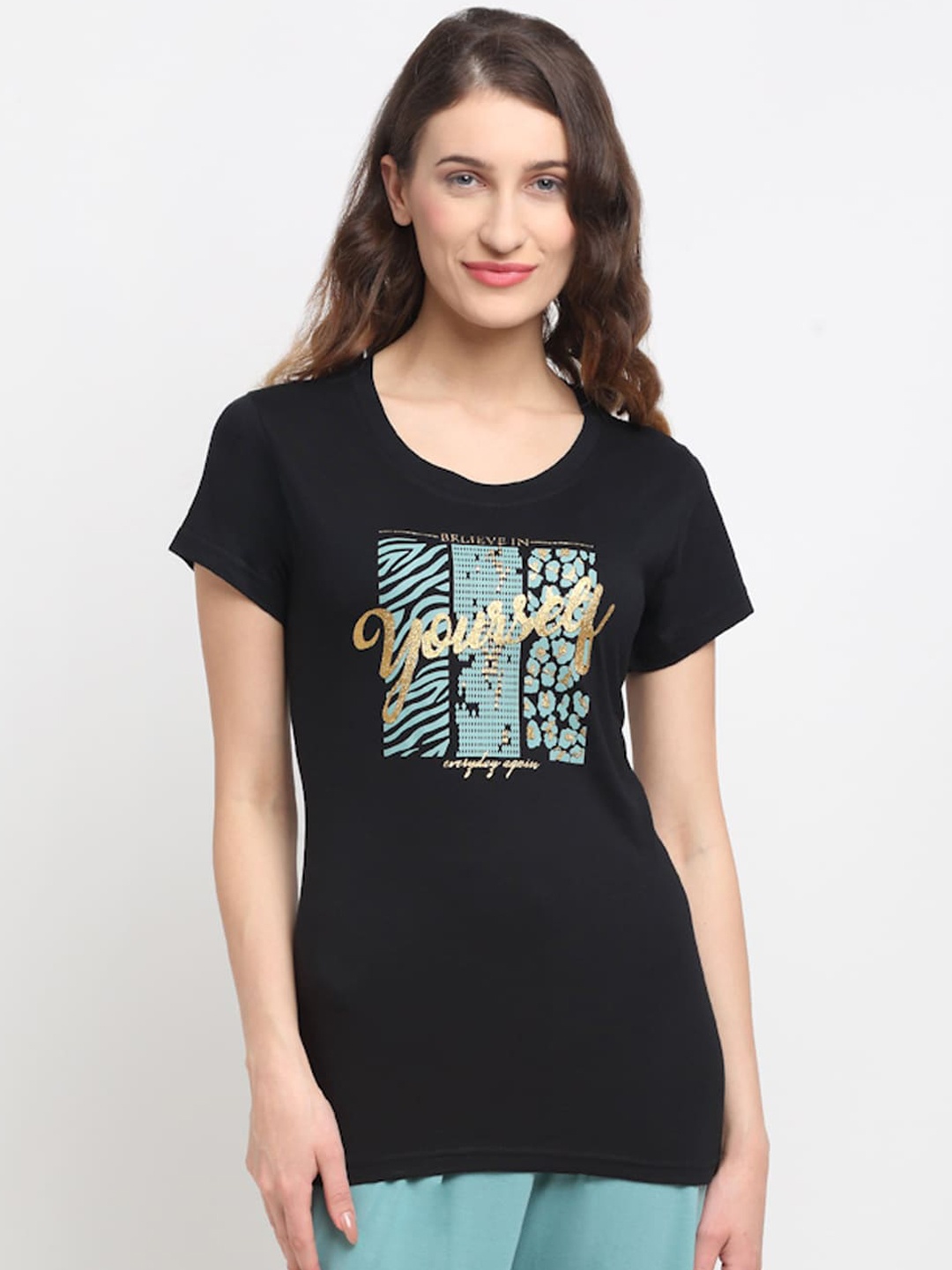 

Kanvin Women Black Printed Lounge T-shirt