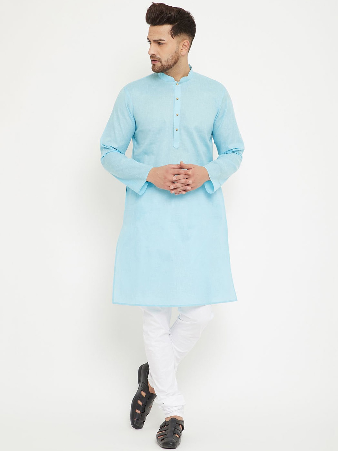 

VASTRAMAY Men Turquoise Blue & White Cotton Blend Kurta with Pyjamas