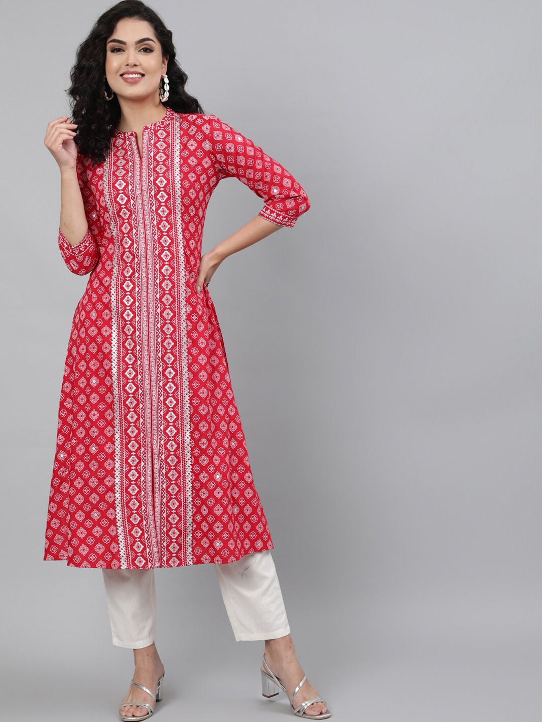 

KIMAYRA Women Coral & Silver Ethnic Motifs Printed Kurta