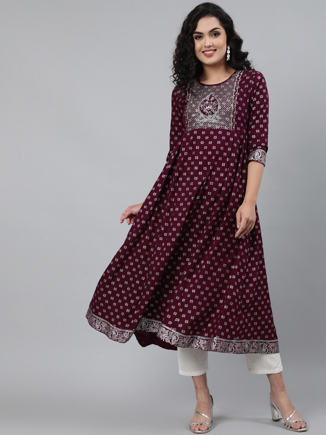 

KIMAYRA Women Burgundy & Silver-Toned Ethnic Motifs Embroidered Anarkali Kurta