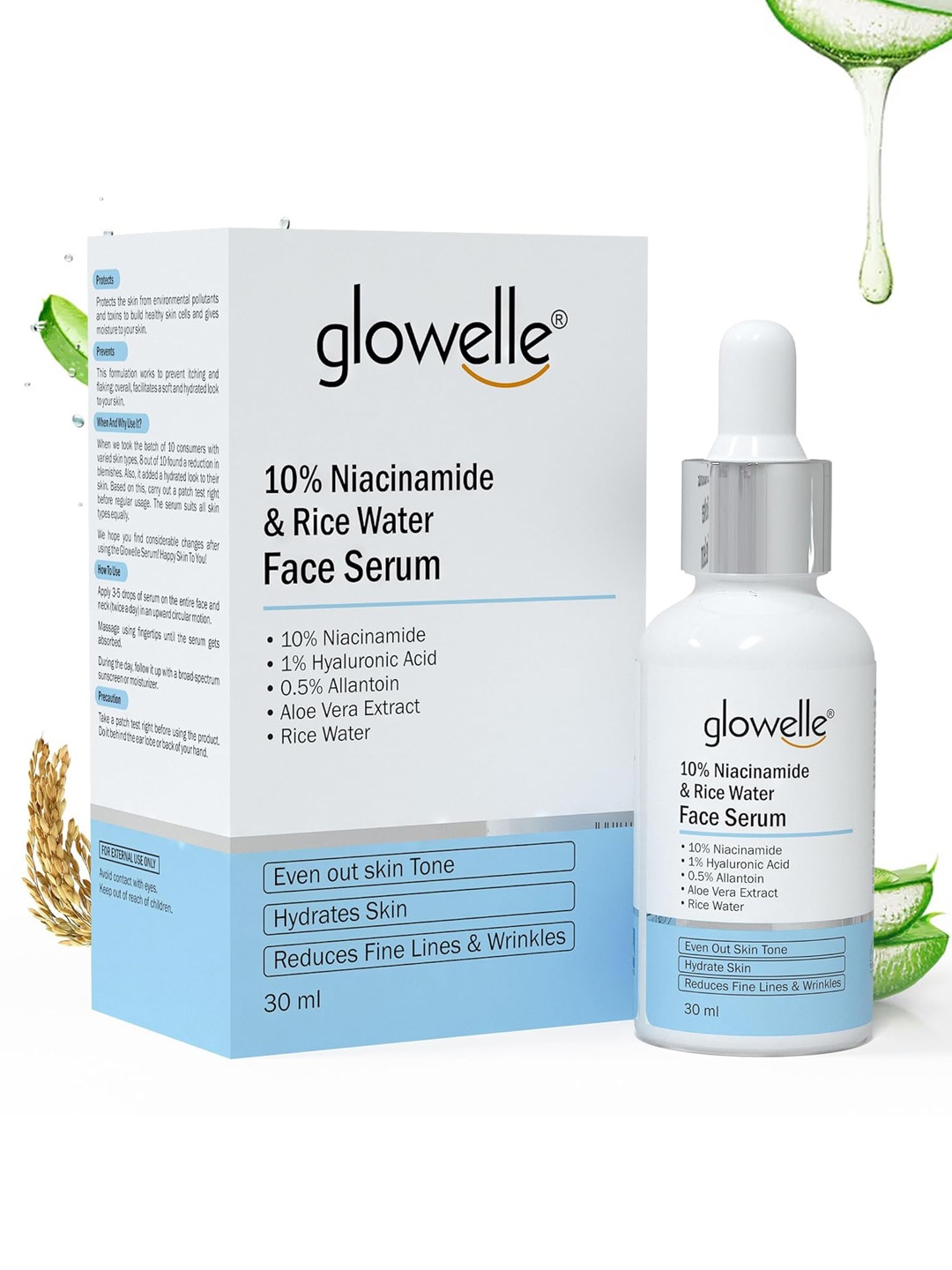 

Aryanveda Glowelle Rice Water & Niacinamide Face Serum for Improving Skin Barrier - 30 ml, White