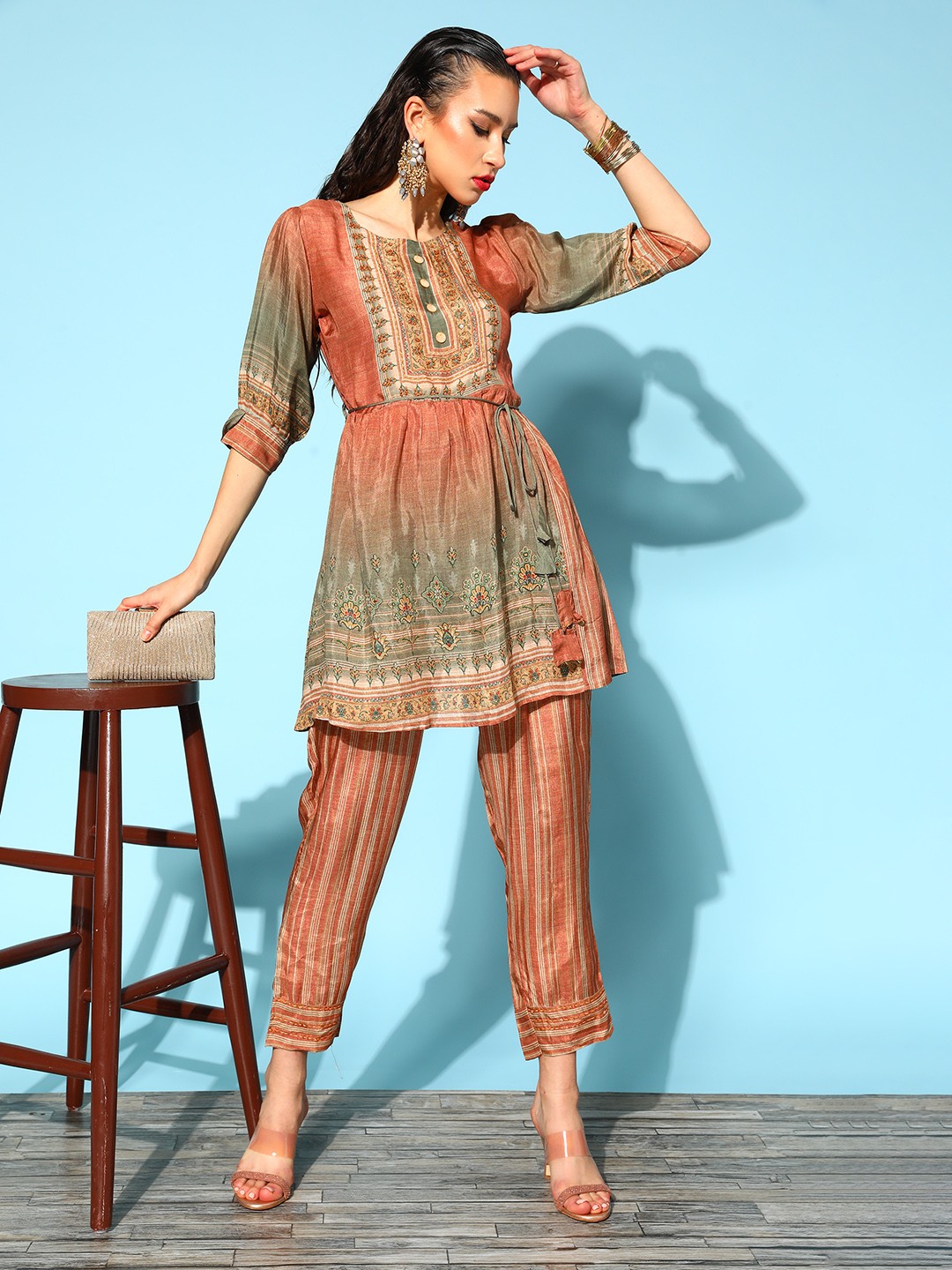 

ZOLA Ethnic Motifs Polyester Print Parade Kurta Set, Rust