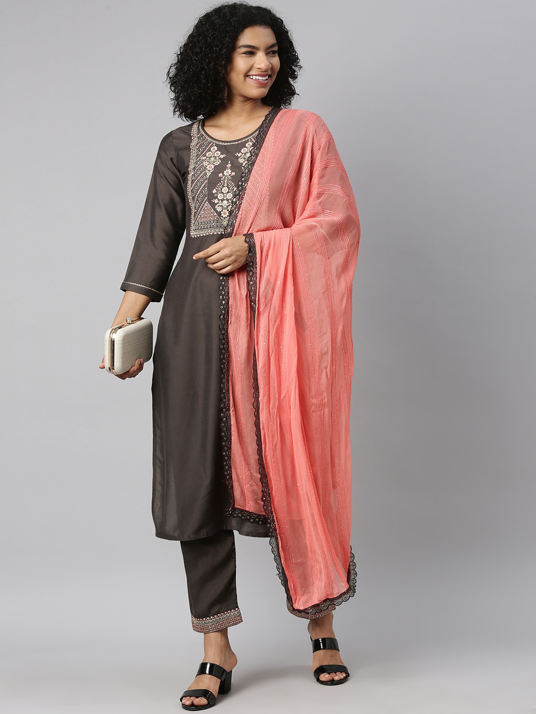 

SheWill Women Grey Ethnic Motifs Yoke Design Sequinned Kurta with Trousers & With Dupatta