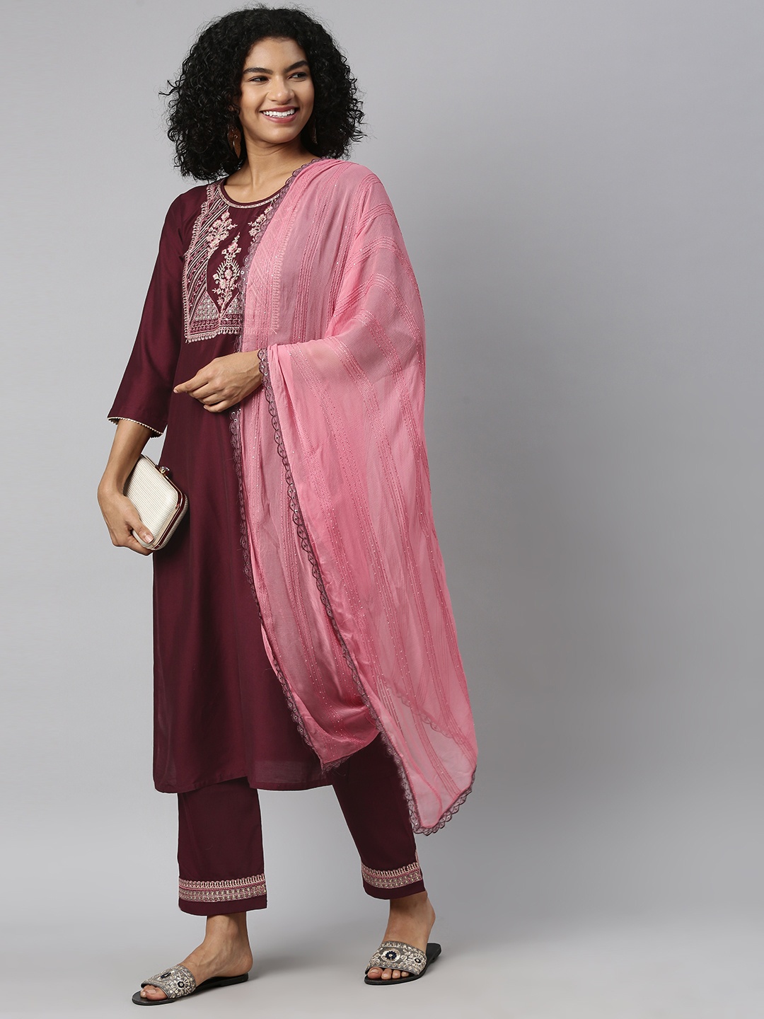

SheWill Women Burgundy Ethnic Motifs Yoke Design Sequinned Kurta with Trousers & Dupatta