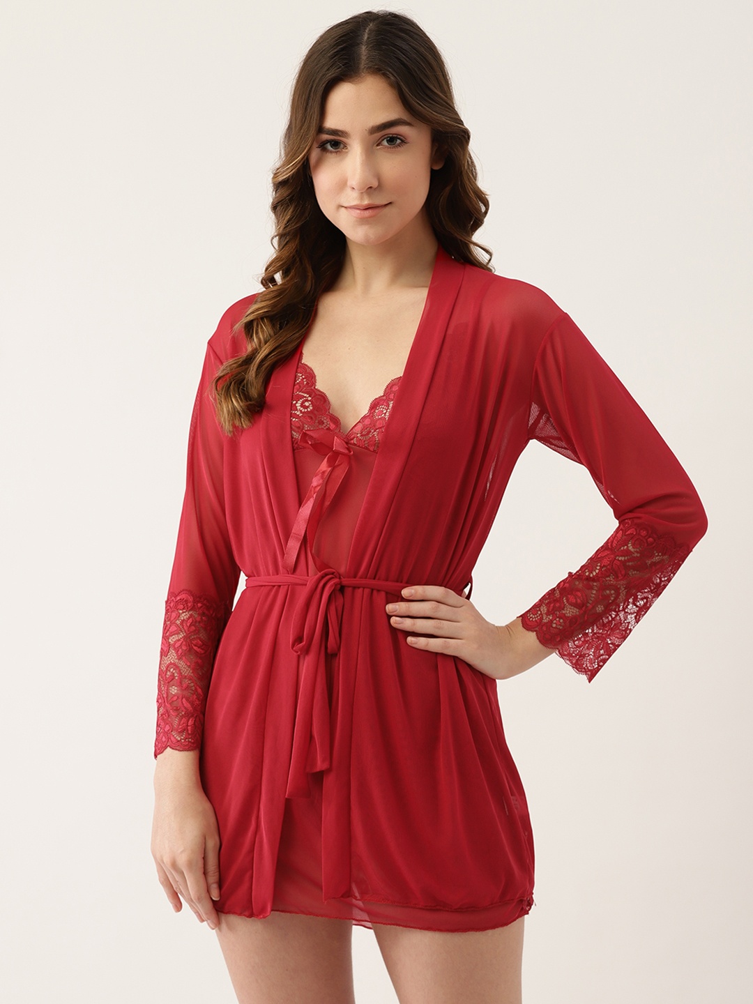 

Ms Lingies Women Maroon Self Design Baby Doll Comes with a Robe