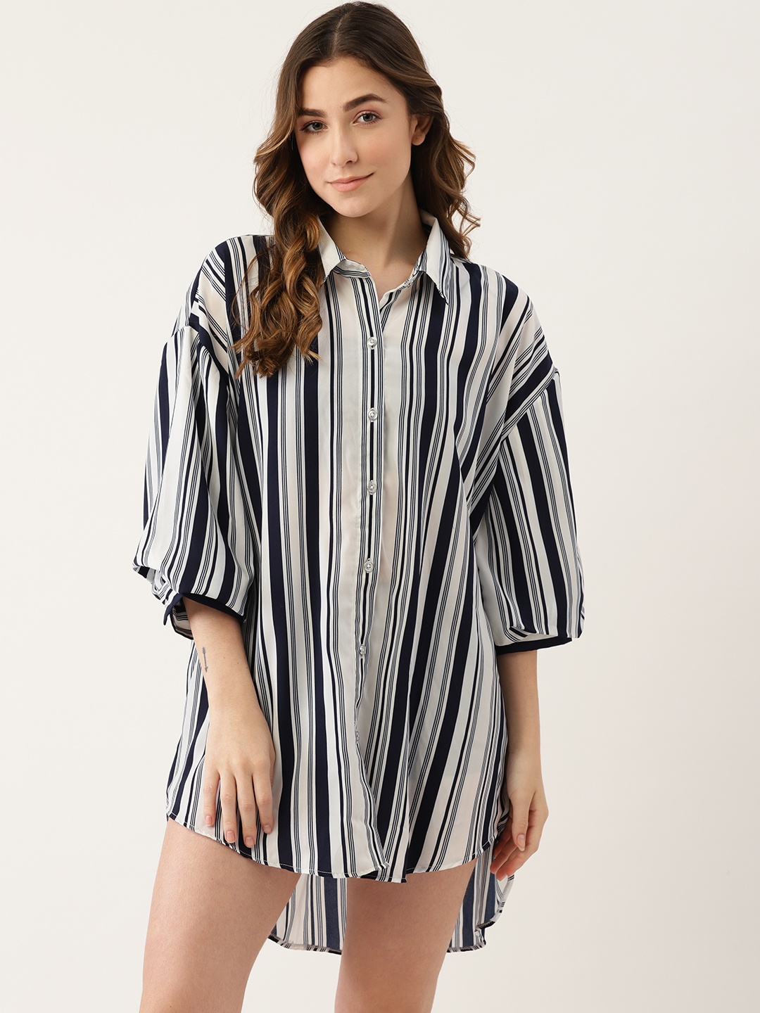 

Ms Lingies Women Navy Blue Striped Shirt Style Nightdress