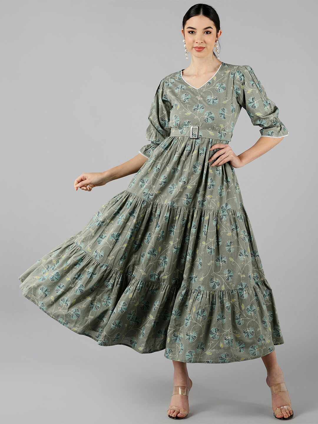 

AHIKA Grey Floral Midi Cotton Dress