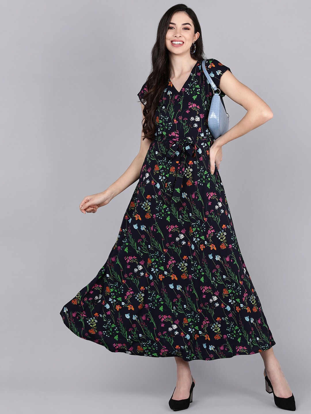 

AHIKA Women Navy Blue & Green Floral Georgette Maxi Dress