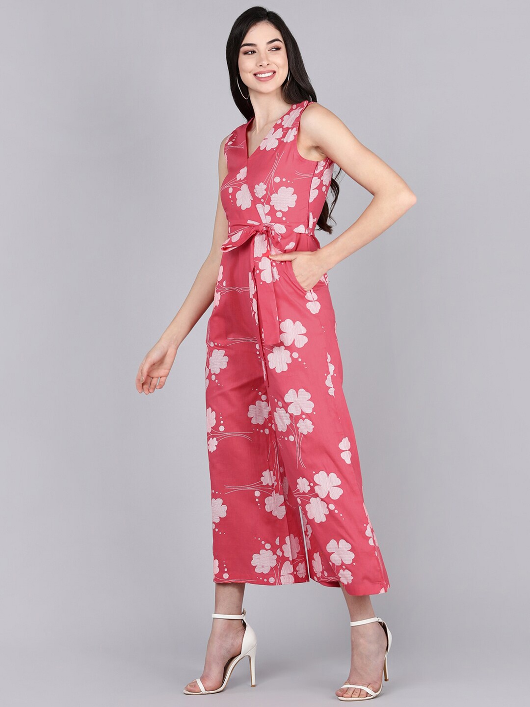 

AHIKA Pink Printed Cotton Basic Jumpsuit