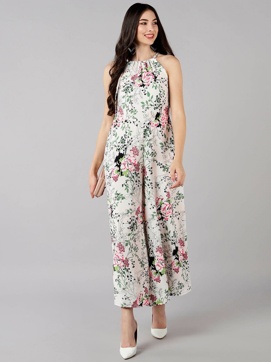

AHIKA White & Pink Printed Basic Jumpsuit
