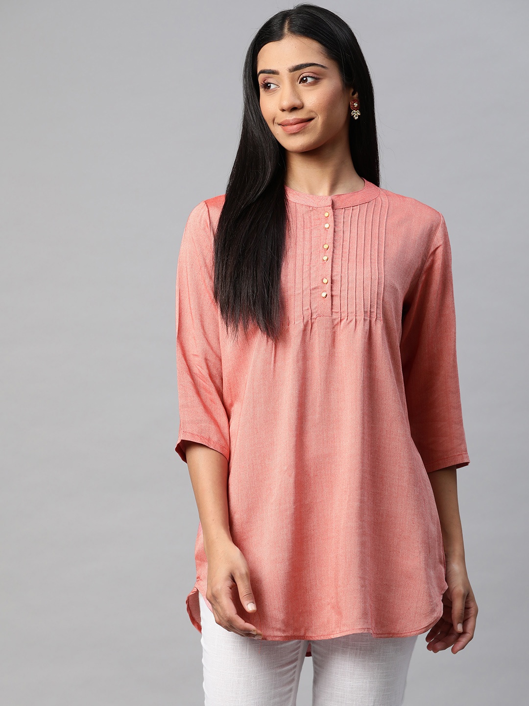 

Laabha Peach-Coloured Mandarin Collar Tunic