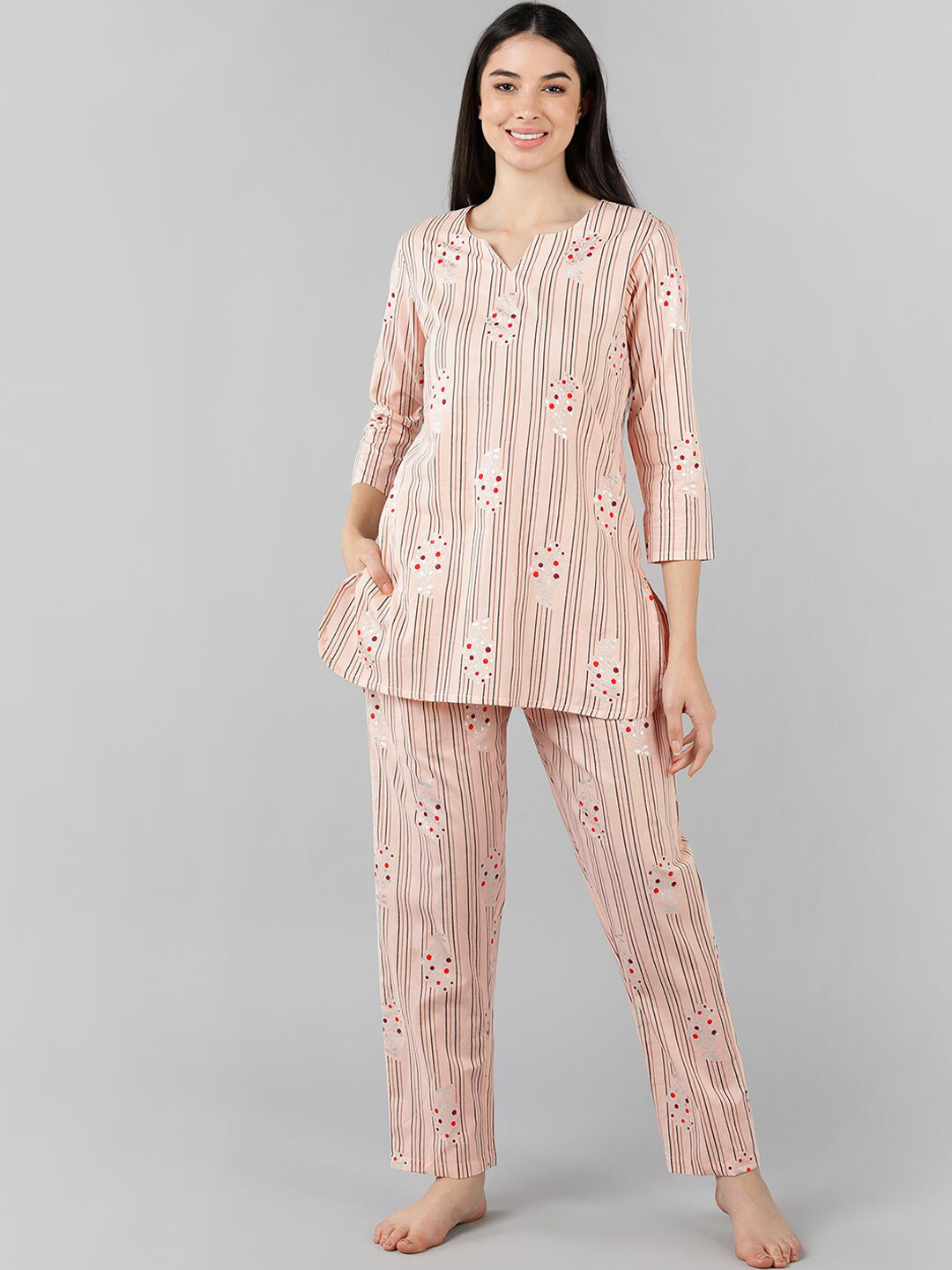 

AHIKA Women Peach-Coloured Cotton Printed Night suit