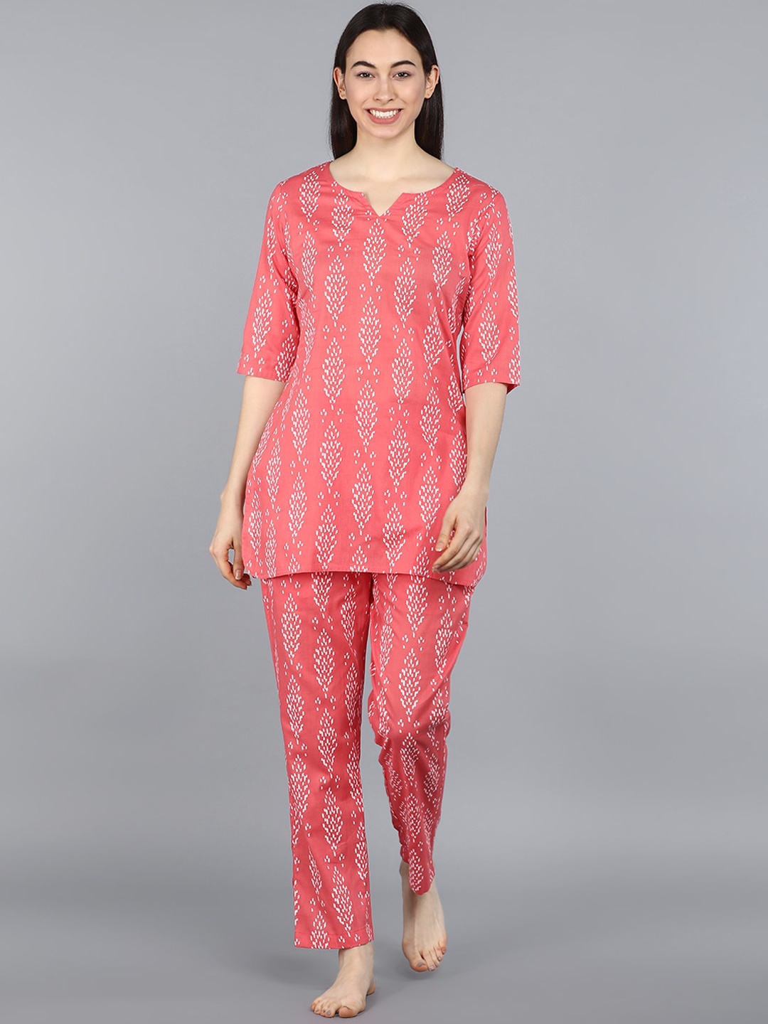 

AHIKA Women Coral & White Printed Cotton Night Suit