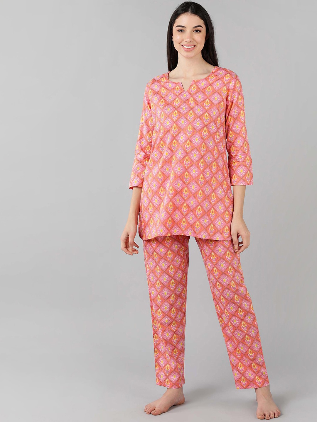 

AHIKA Women Pink & Yellow Printed Cotton Night suit