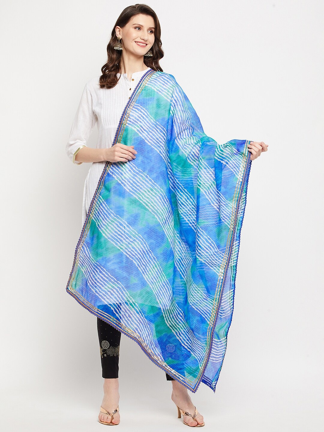 

Clora Creation Blue & White Printed Dupatta with Gotta Patti