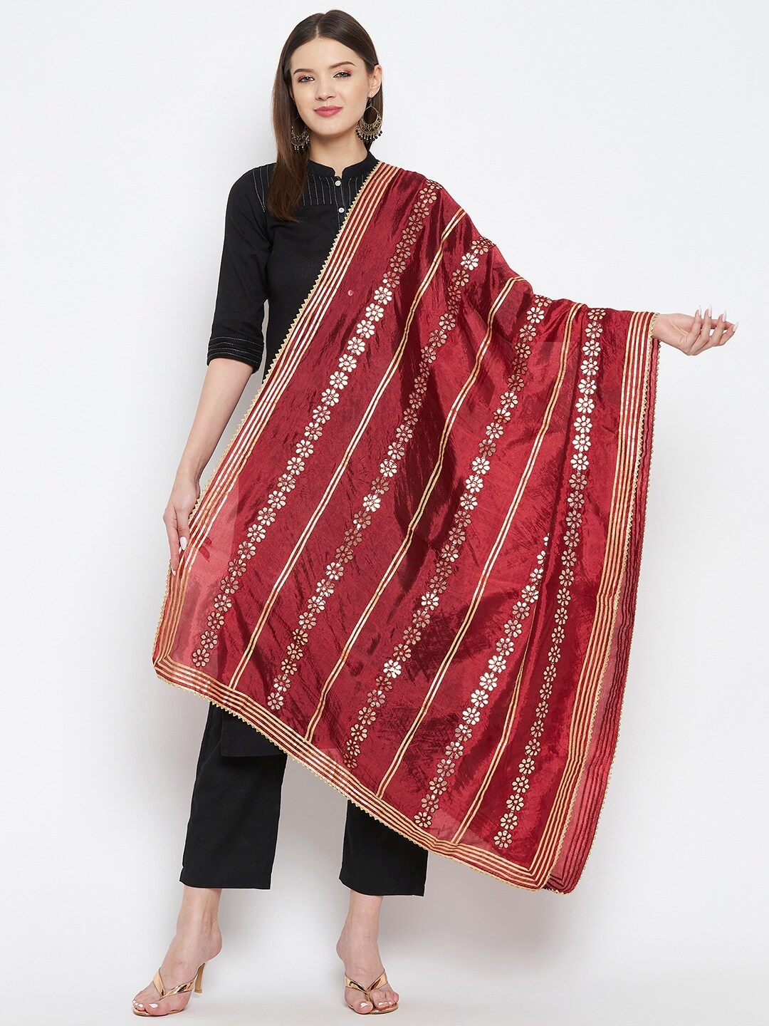 

Clora Creation Women Maroon Embroidered Silk Dupatta with Gotta Patti
