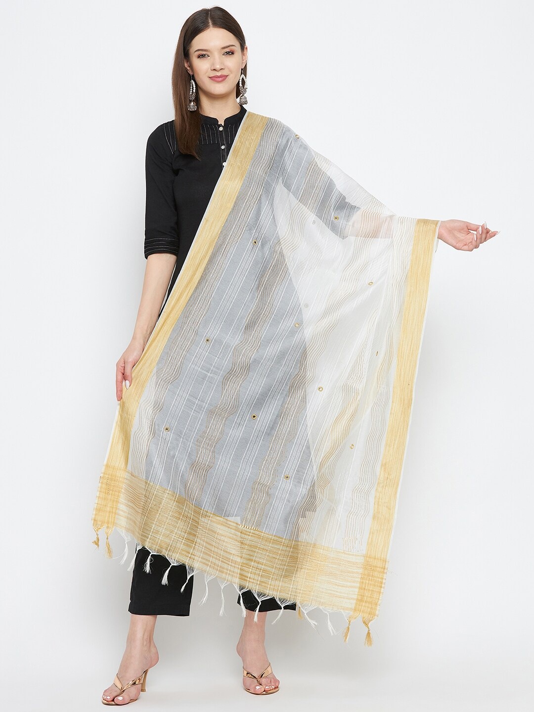 

Clora Creation White & Gold-Toned Woven Design Dupatta with Beads and Stones