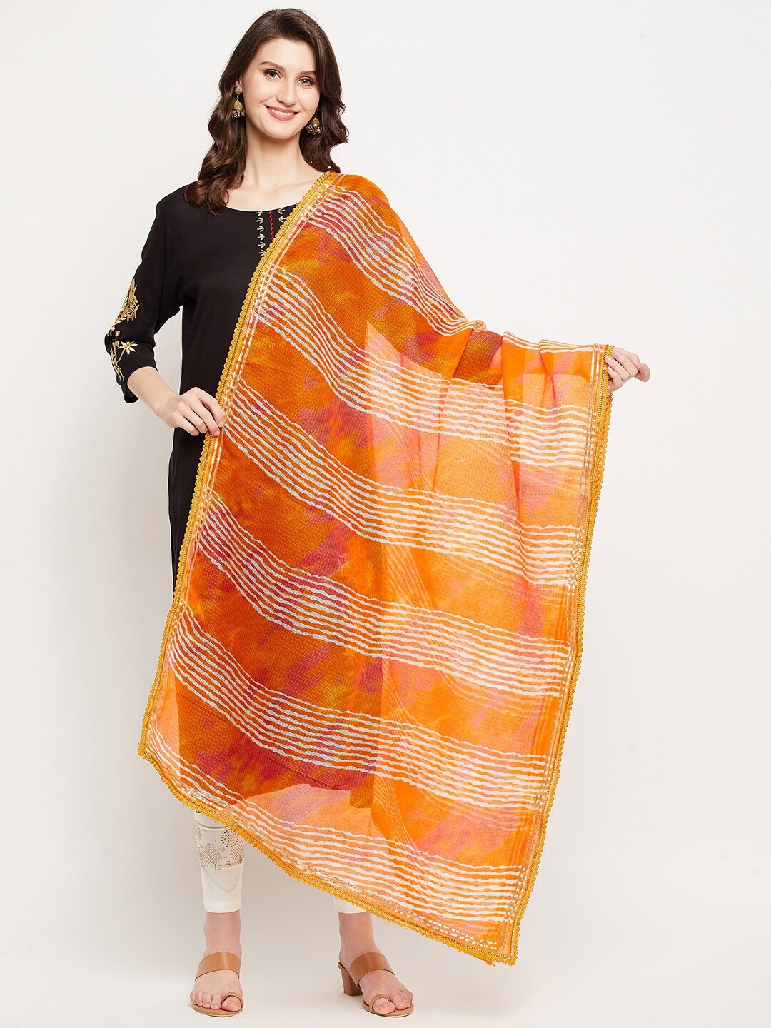 

Clora Creation Women Orange & White Leheriya Dupatta with Gotta Patti