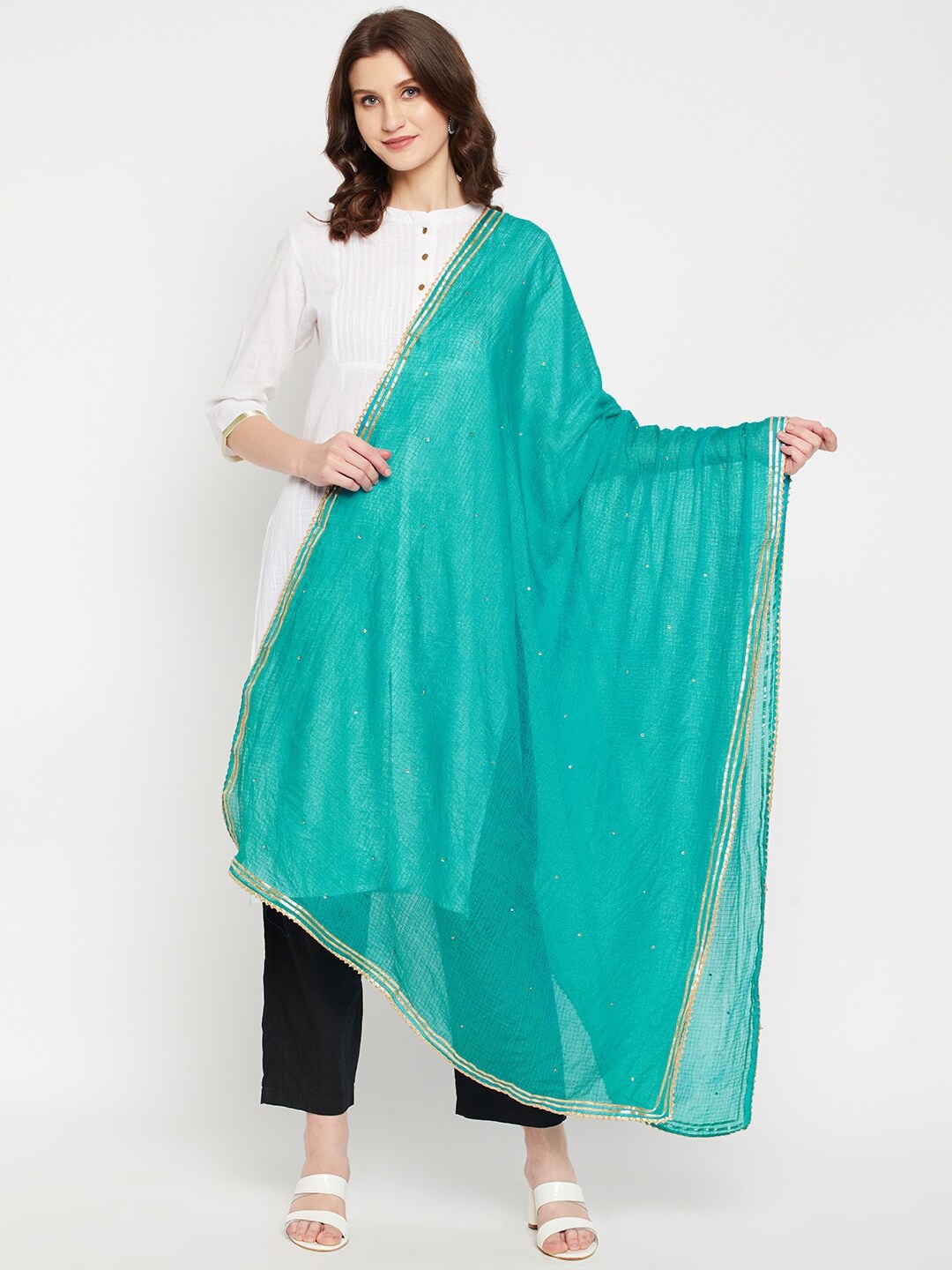

Clora Creation Turquoise Blue & Gold-Toned Dupatta with Gotta Patti