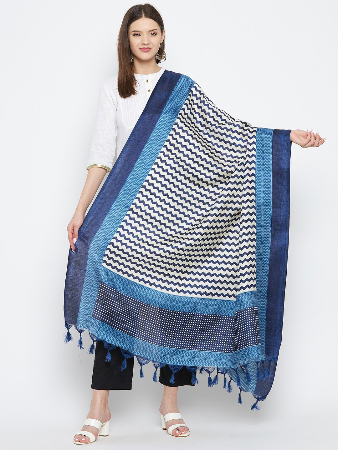 

Clora Creation Navy Blue & White Printed Dupatta