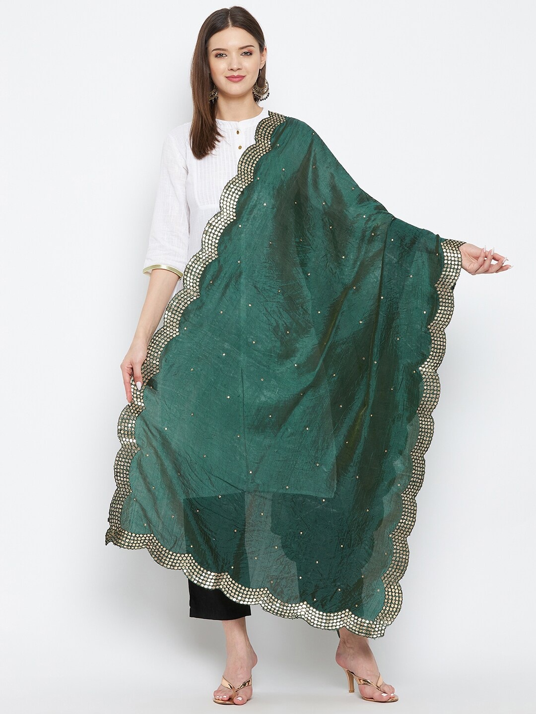 

Clora Creation Women Green Silk Dupatta with Beads and Stones