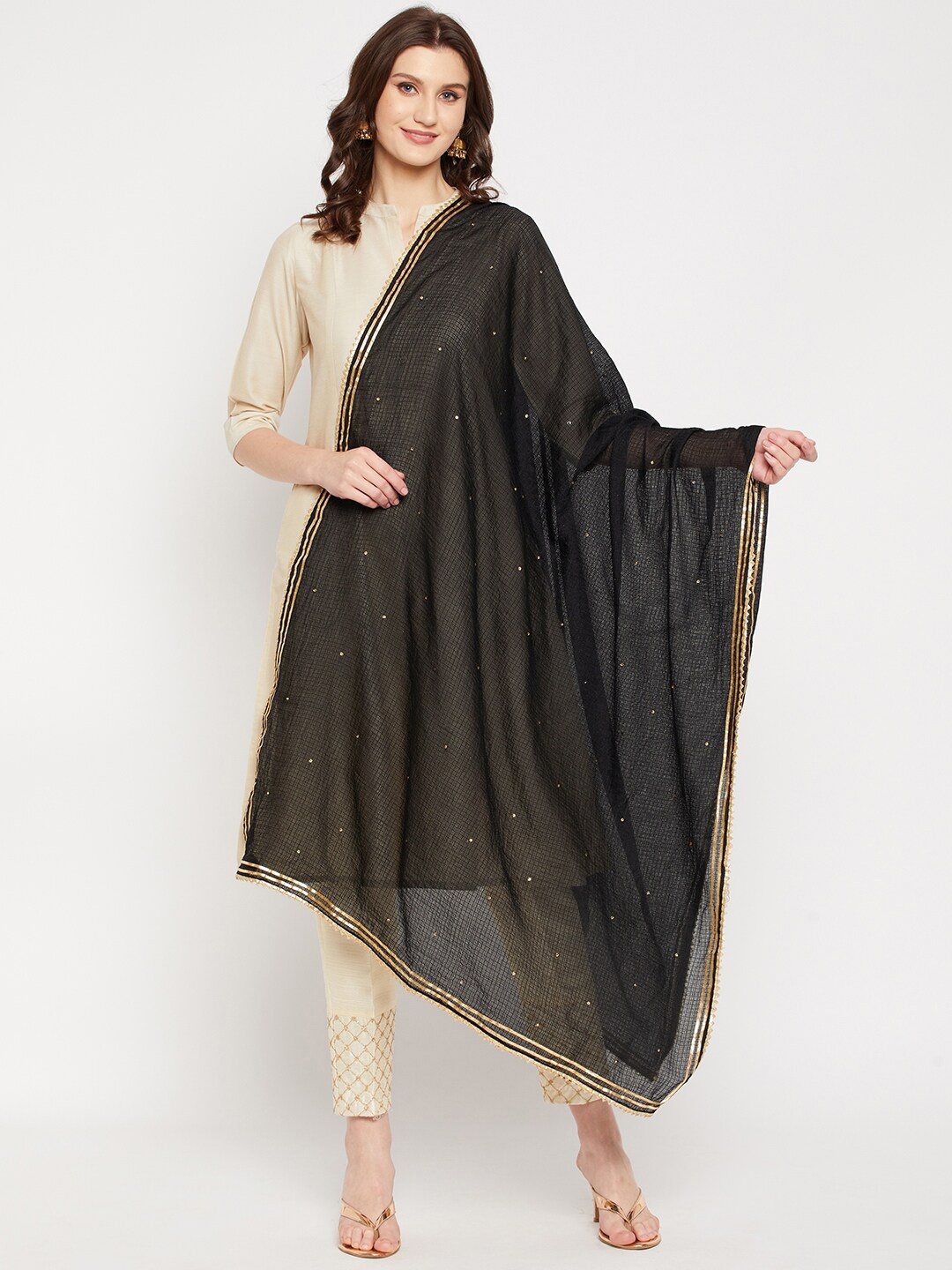 

Clora Creation Black Checked Dupatta with Gotta Patti