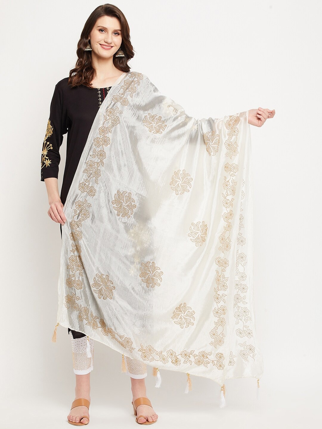 

Clora Creation Cream-Coloured Embroidered Dupatta with Sequinned