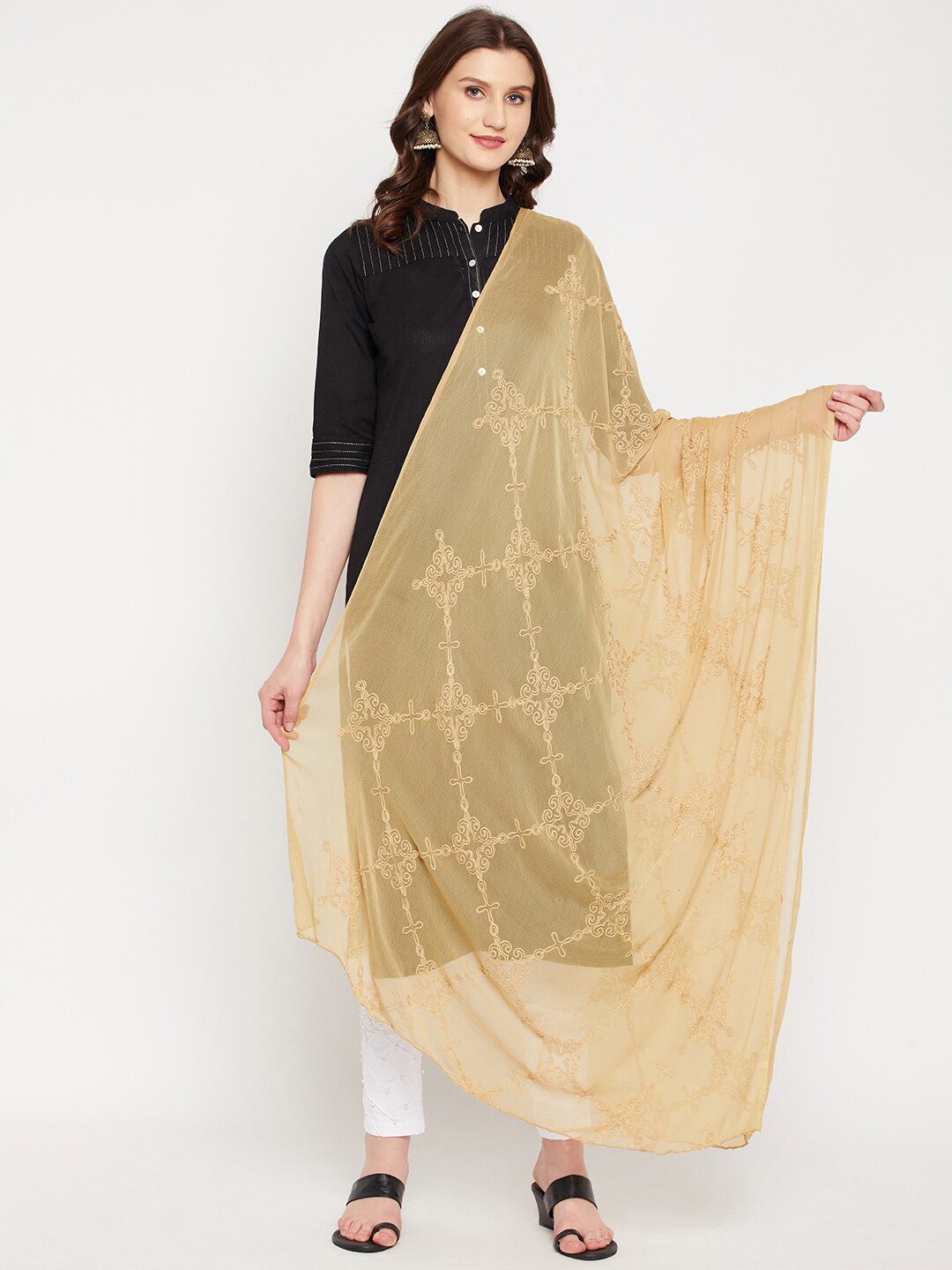 

Clora Creation Beige Embroidered Dupatta with Thread Work