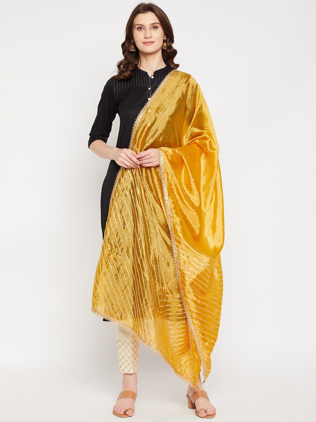 

Clora Creation Yellow Striped Dupatta with Gotta Patti