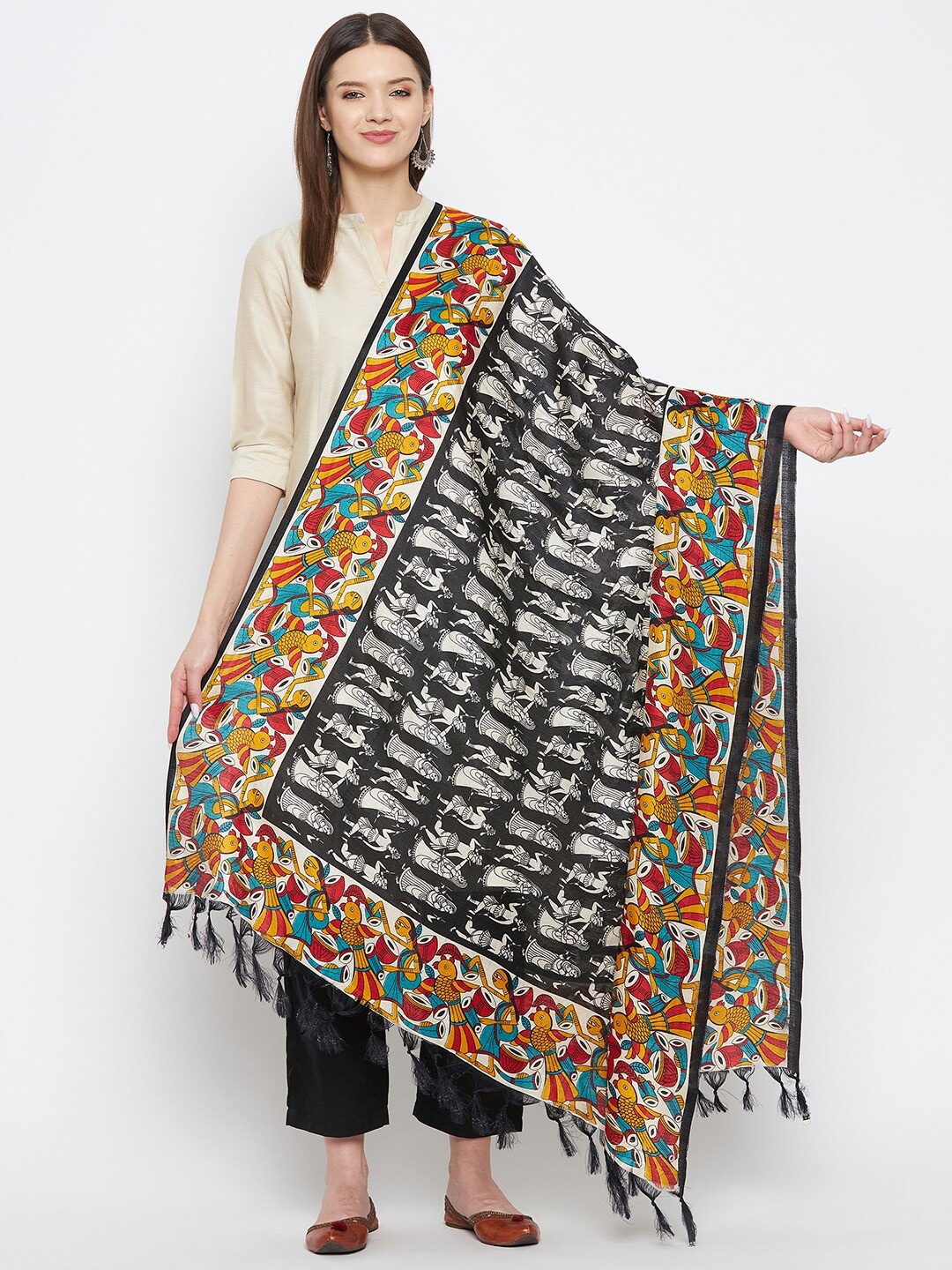 

Clora Creation Black & White Ethnic Motifs Printed Dupatta