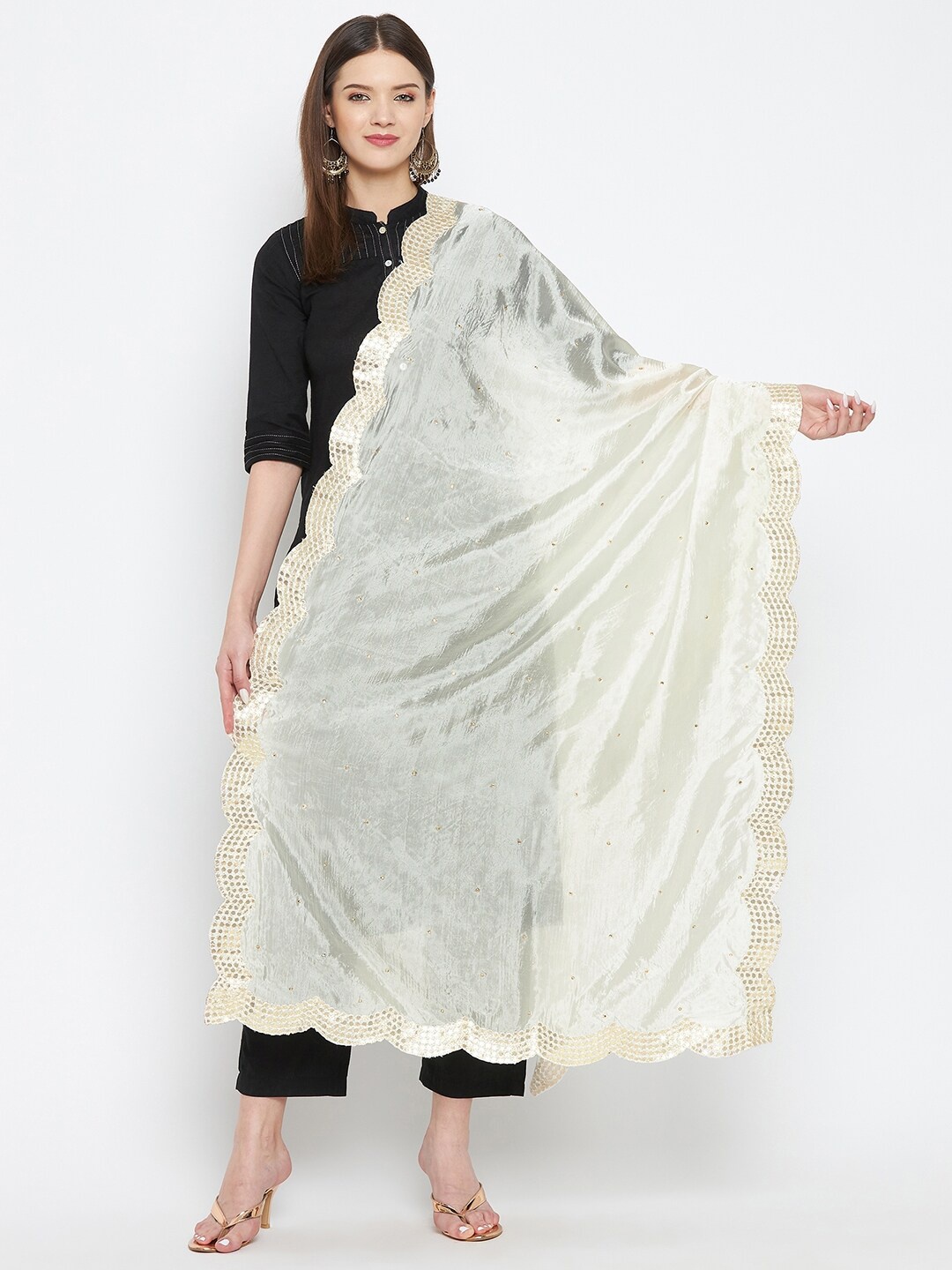 

Clora Creation Women Off White & Gold-Toned Dupatta with Beads and Stones