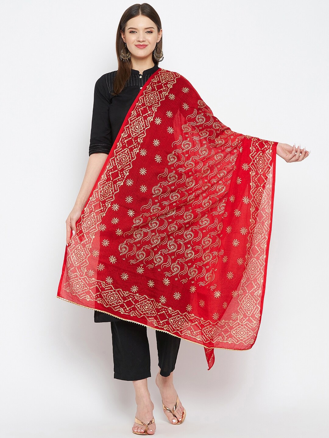 

Clora Creation Red & Silver-Toned Ethnic Motifs Printed Dupatta with Gotta Patti