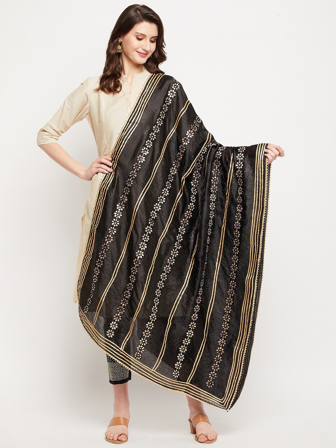 

Clora Creation Black & Gold-Toned Embroidered Gotta Patti Silk Dupatta