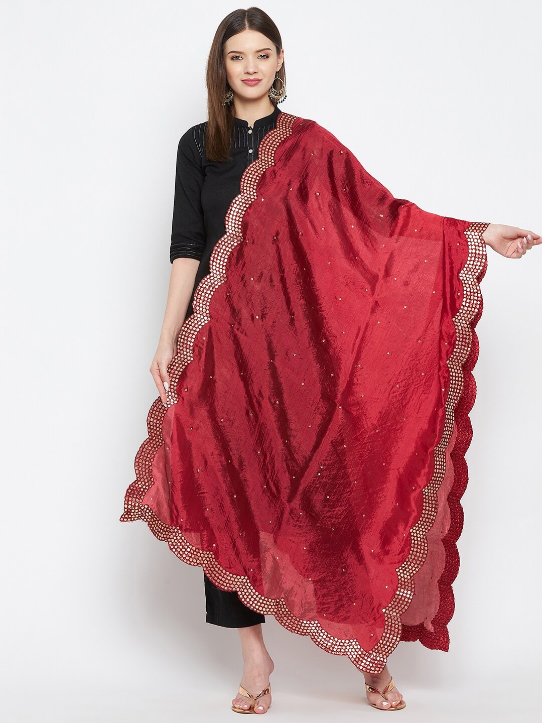 

Clora Creation Maroon Embroidered Dupatta with Mirror Work