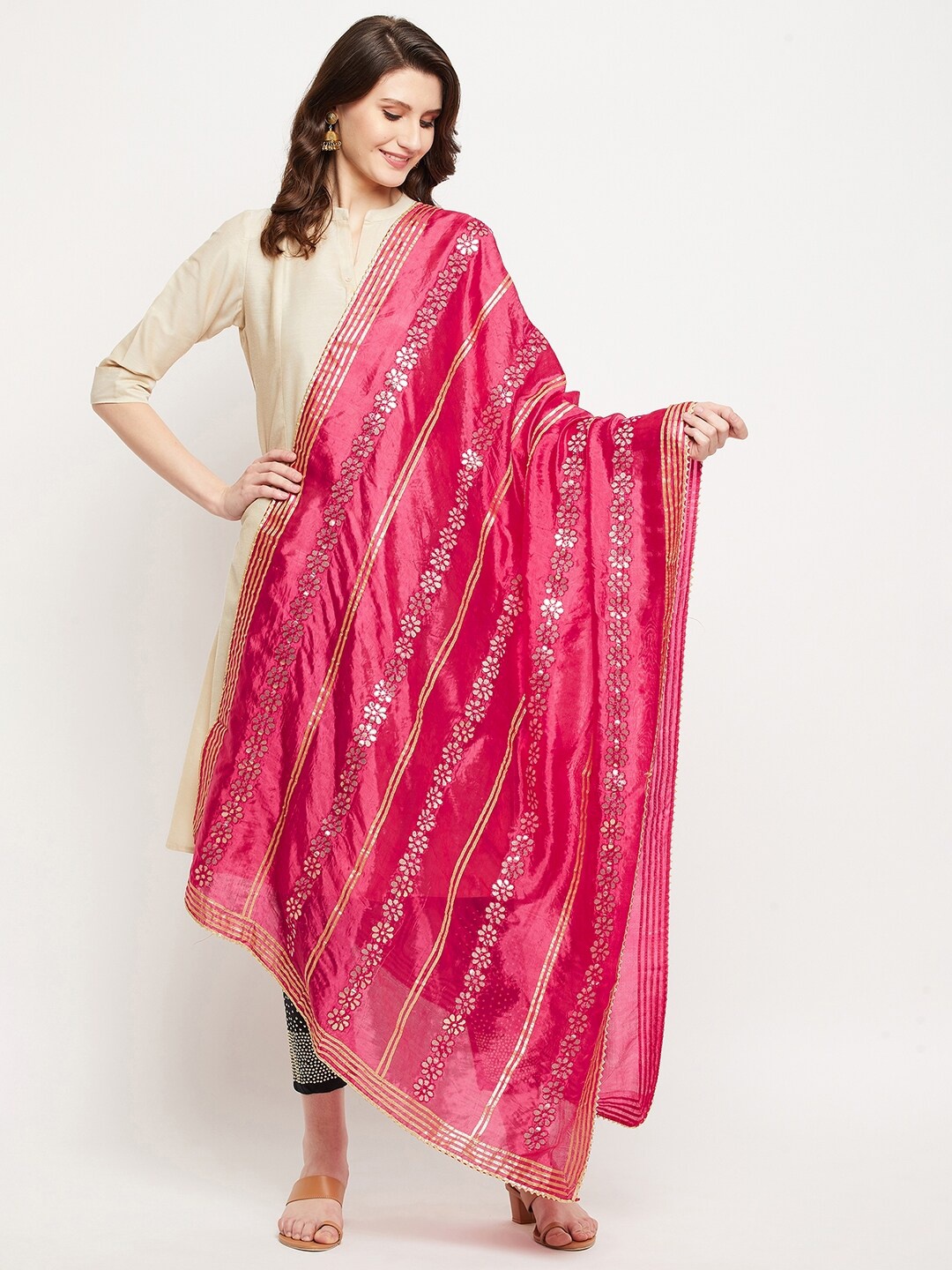 

Clora Creation Magenta & White Embroidered Dupatta with Gotta Patti