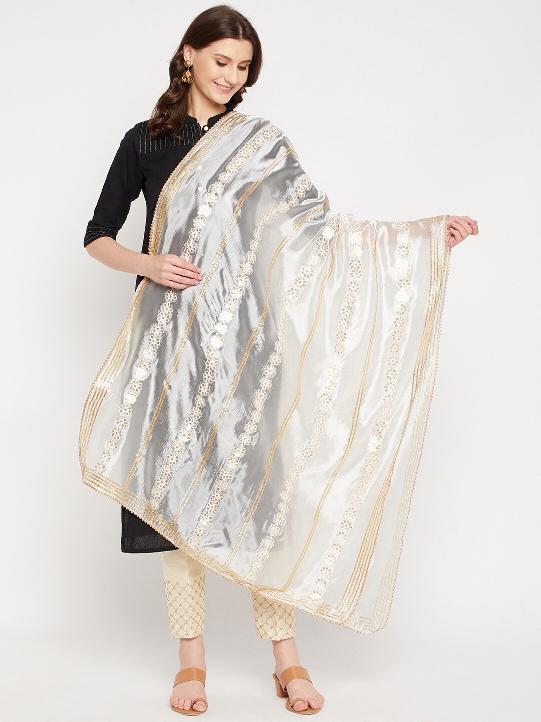 

Clora Creation Off White & Gold-Toned Embroidered Dupatta with Gotta Patti