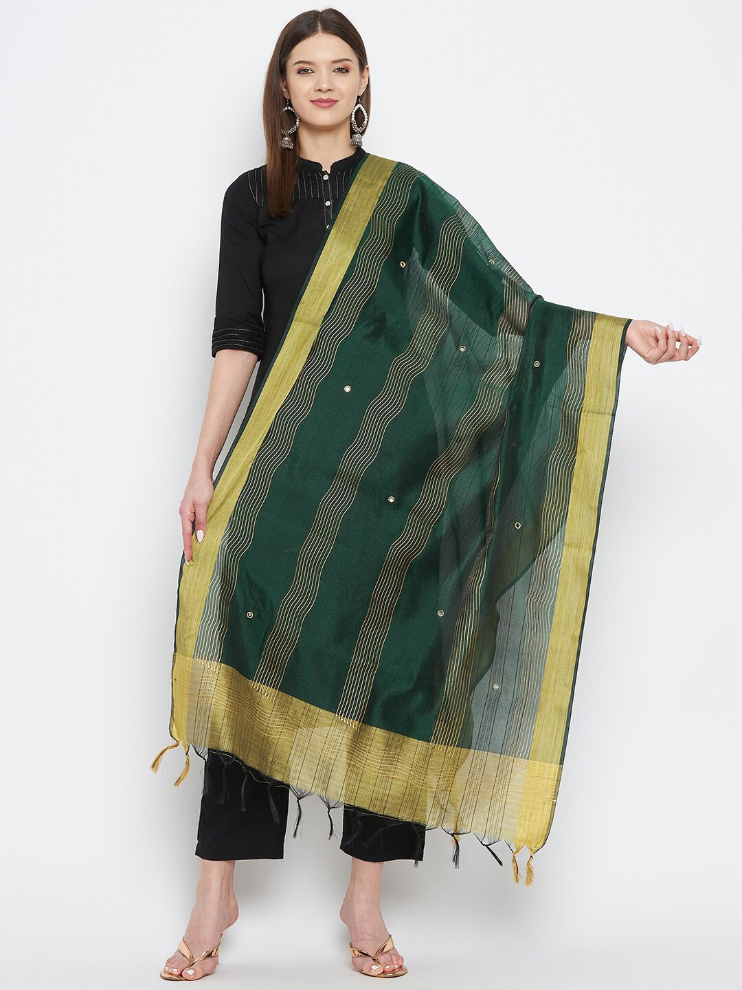 

Clora Creation Green & Beige Striped Dupatta with Beads and Stones