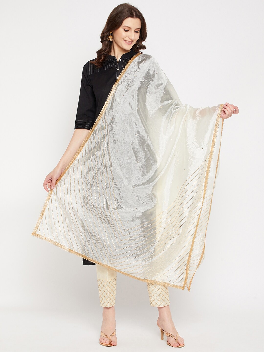 

Clora Creation Cream-Coloured Embroidered Gotta Patti Sequined Silk Dupatta