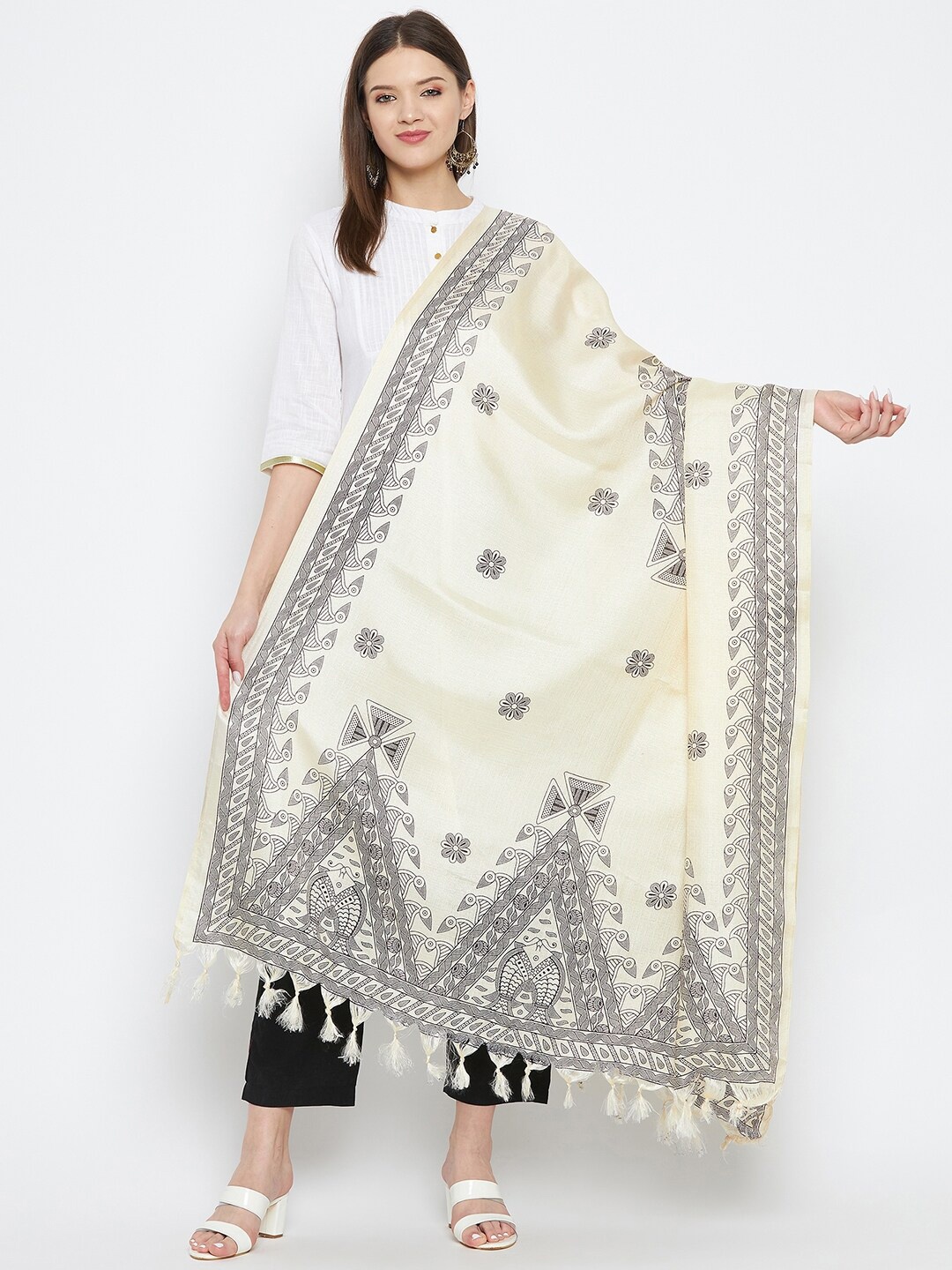 

Clora Creation Off White & Black Ethnic Motifs Printed Dupatta