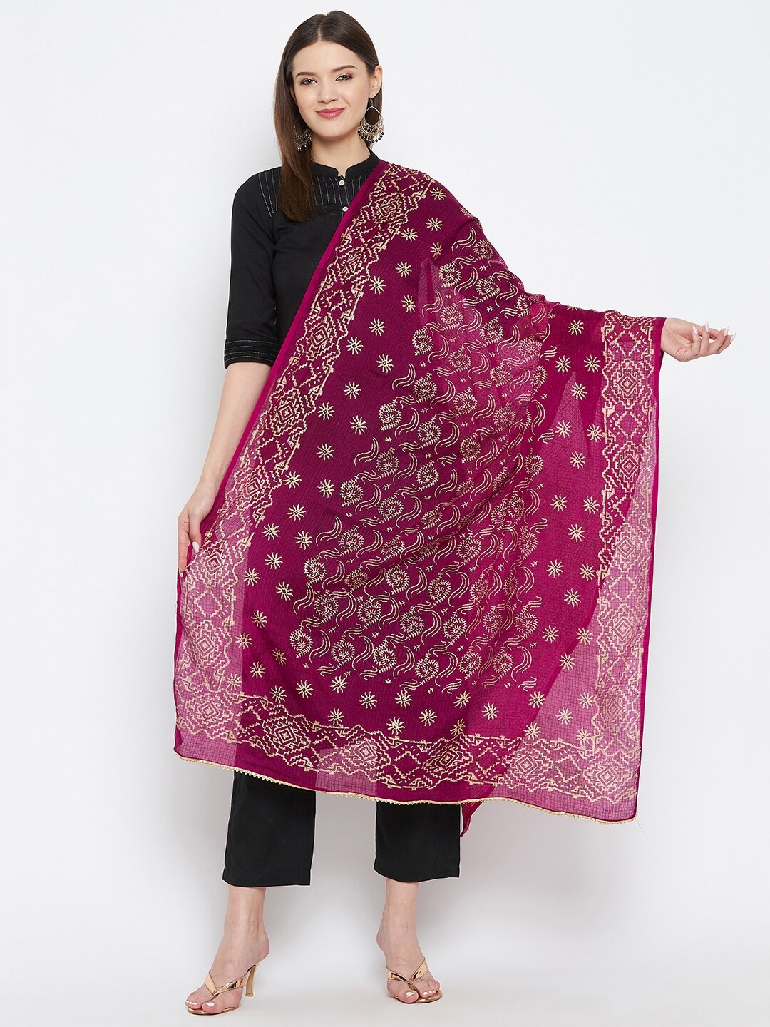 

Clora Creation Burgundy & White Printed Dupatta with Gotta Patti