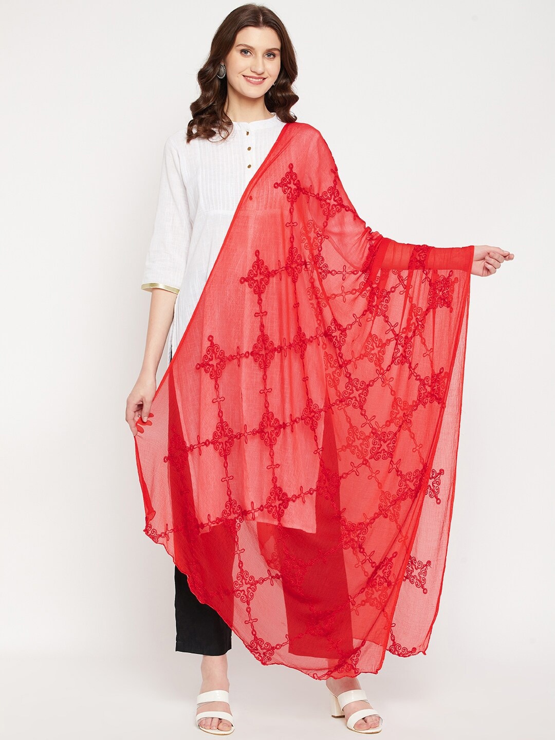 

Clora Creation Women Red Embroidered Chiffon Dupatta with Thread Work