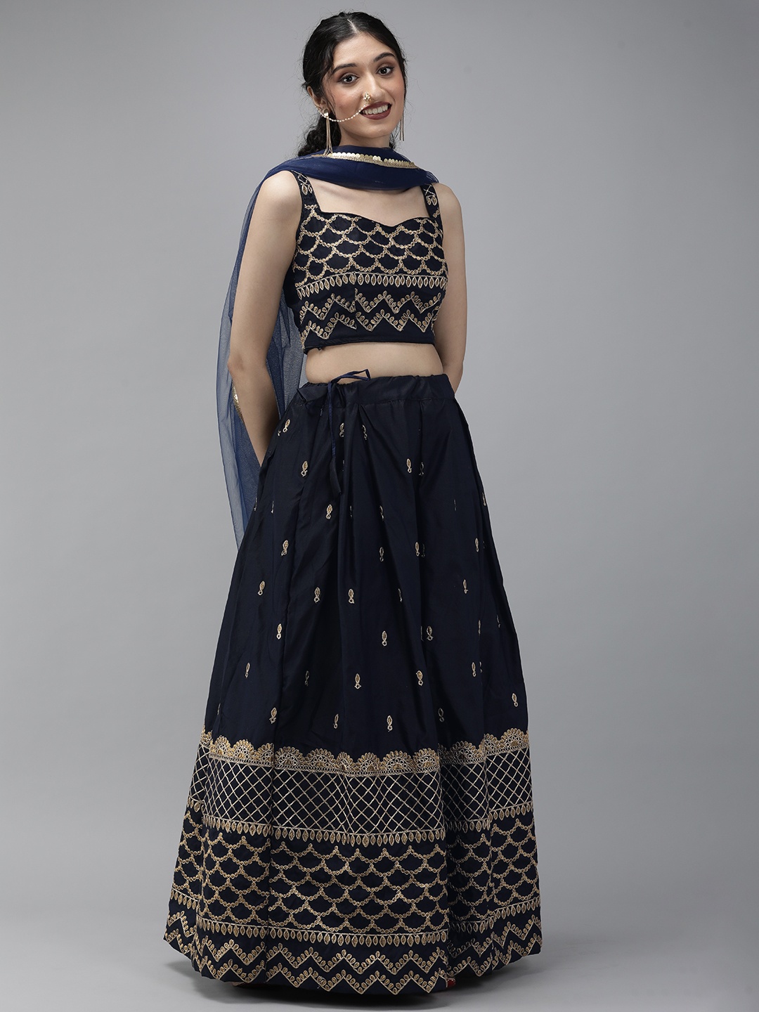 

DIVASTRI Navy Blue Embroidered Semi-Stitched Lehenga & Unstitched Blouse With Dupatta