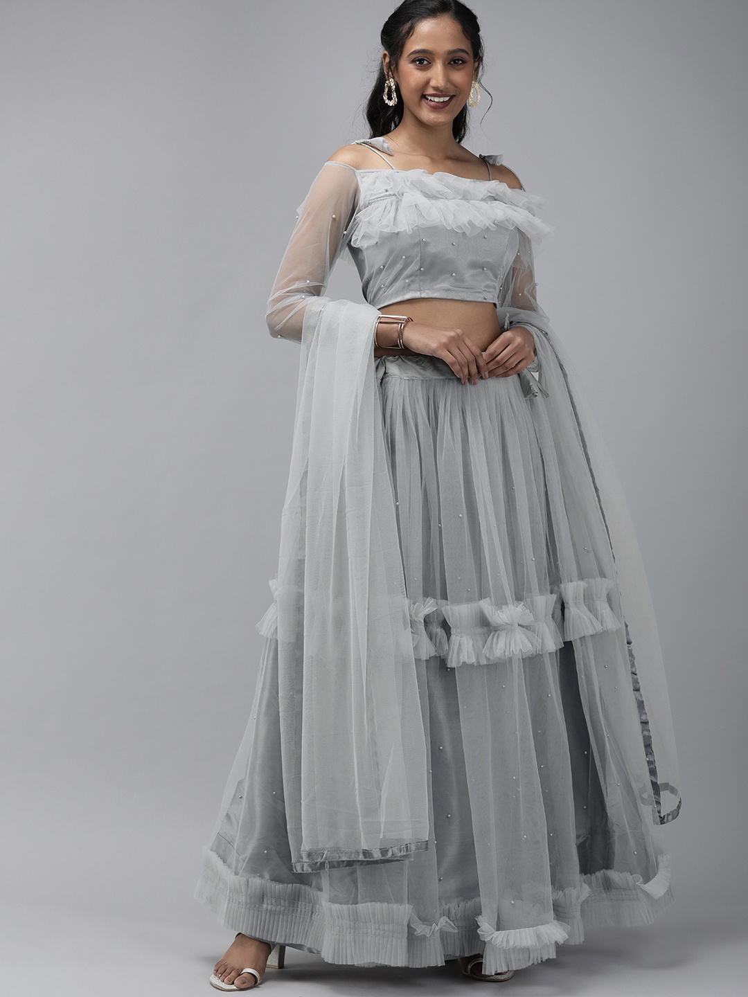 

DIVASTRI Grey Embellished Beads and Stones Semi-Stitched Lehenga & Unstitched Blouse With Dupatta