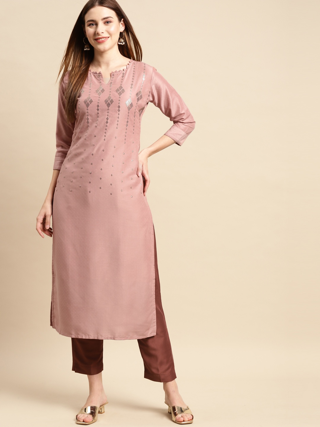 

FASHOR Women Pink Sequinned Silk Crepe Kurta with Trousers