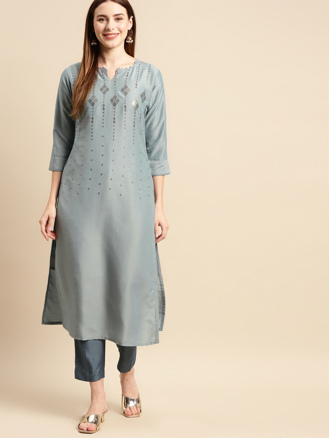 

FASHOR Women Blue Sequinned Silk Crepe Kurta with Trousers