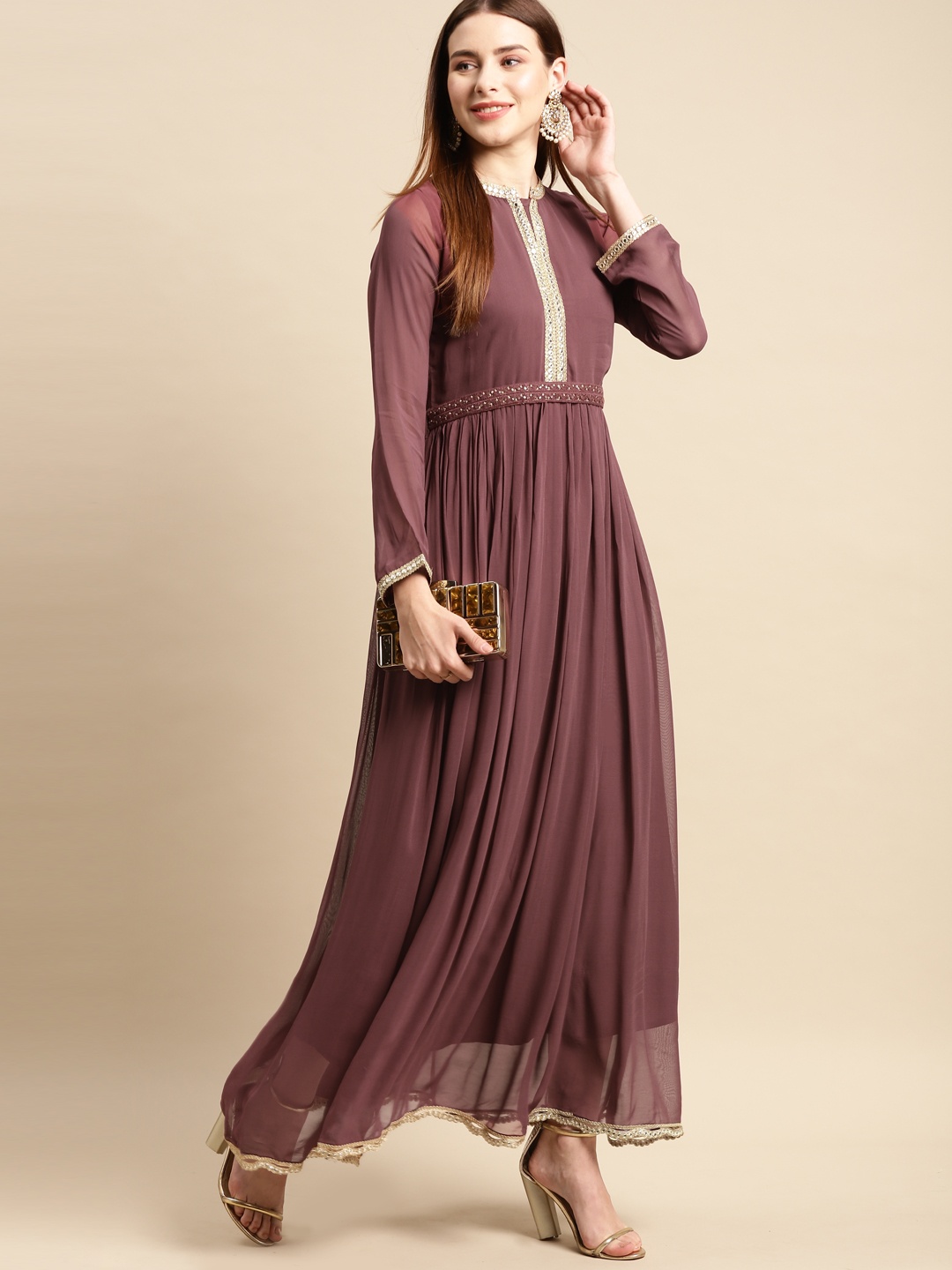 

FASHOR Mauve Georgette Ethnic Maxi Dress