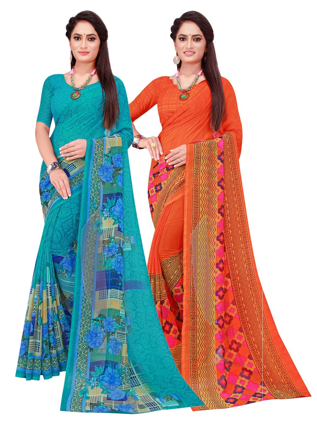 

SAADHVI Pack of 2 Orange & Blue Pure Georgette Sarees