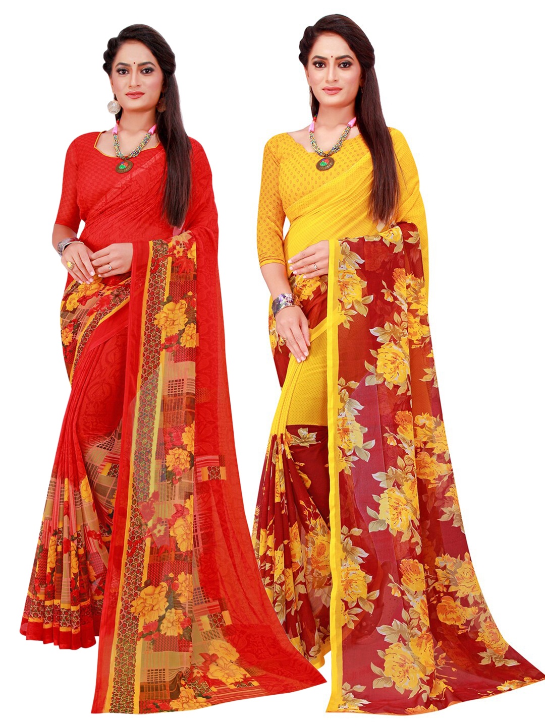 

SAADHVI Red & Yellow Set Of 2 Floral Printed Georgette Saree