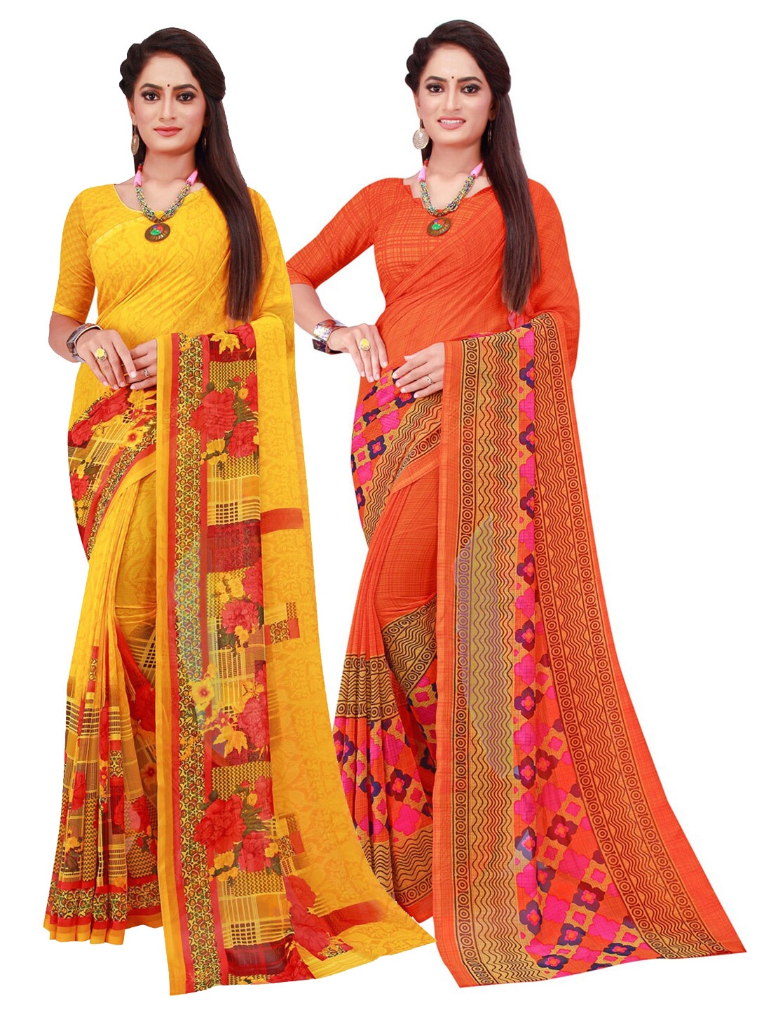 

SAADHVI Yellow & Pink Pure Georgette Saree Pack Of 2